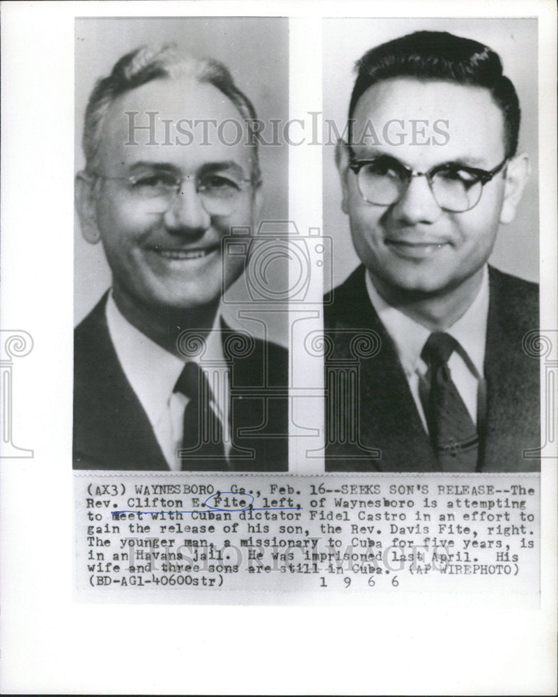 1966 Press Photo Rev. Clifton E. Fite, Son Rev. Davis Fite In Cuban Jail - Historic Images