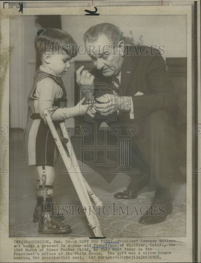 1968 Press Photo Timmy Faas March Dimes Poster Child Lyndon Johnson White House - Historic Images