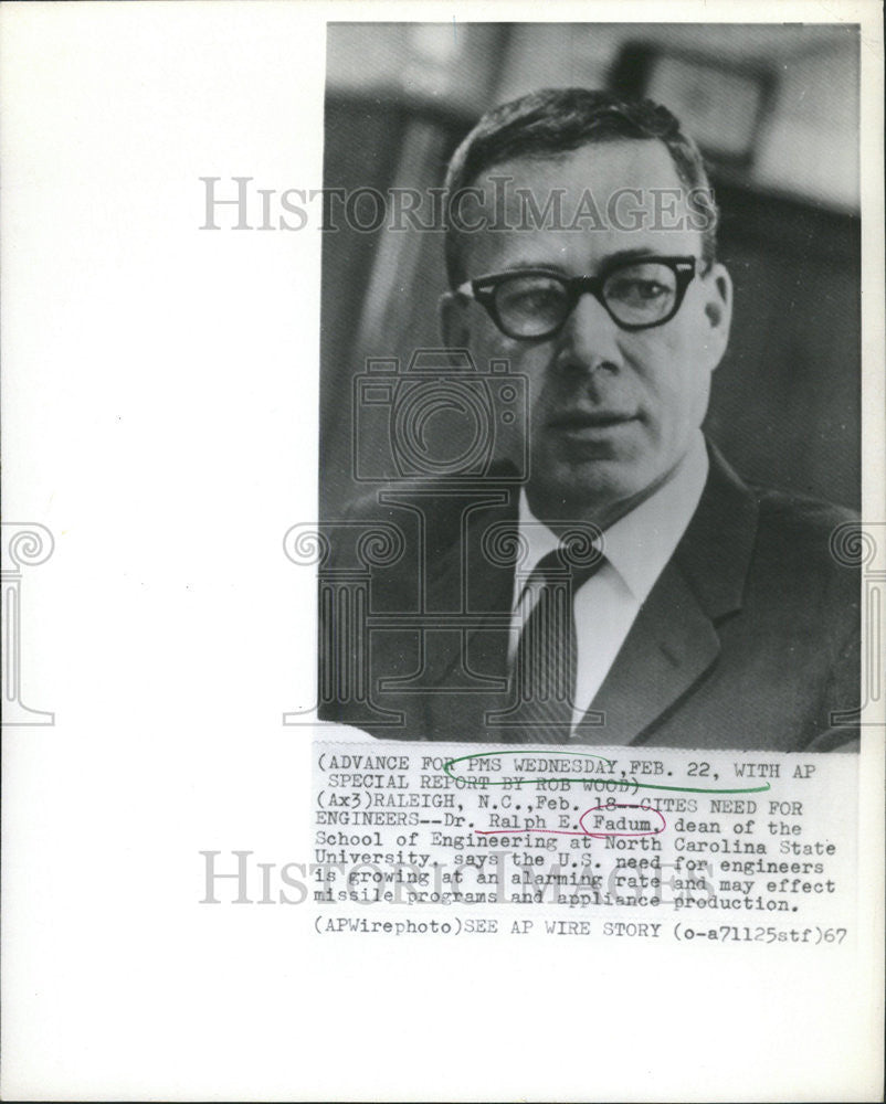 1967 Press Photo Dr. Ralph E. Fadum, Dean North Carolina State University - Historic Images