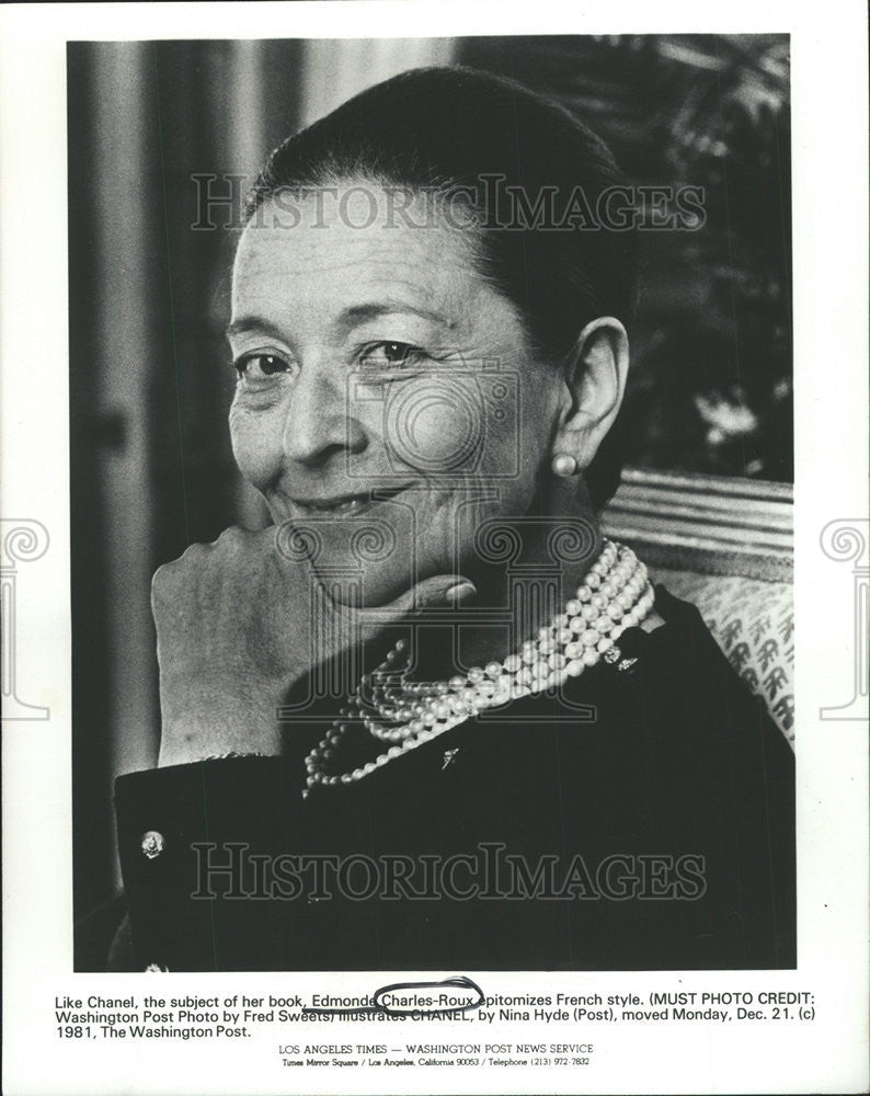 1982 Press Photo Edmonde Charles-Roux Writer , Wrote a book about Coco ...