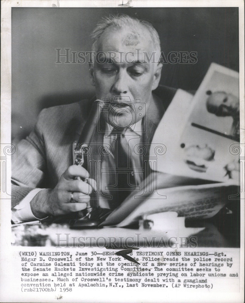 1958 Press Photo Sgt. Edgar D. Croswell Senate Rackets Investigating Committee - Historic Images