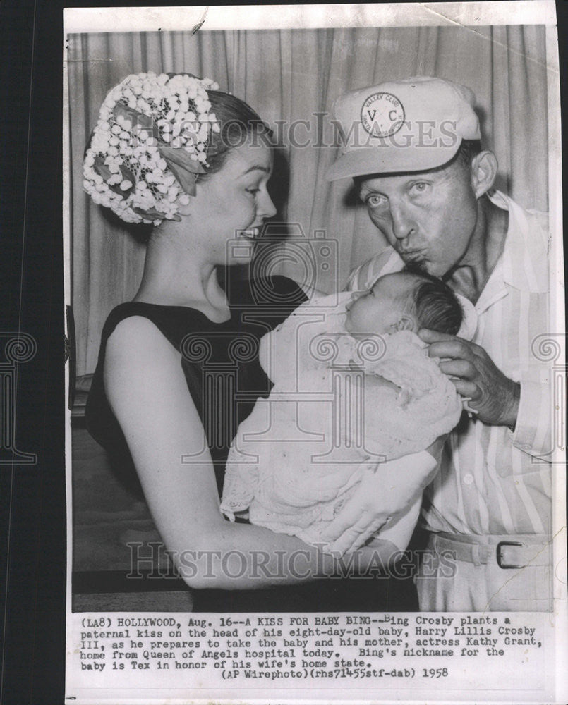 1958 Press Photo Bing Crosby, Son Harry Lillis Crosby III, Mother Kathy Grant - Historic Images