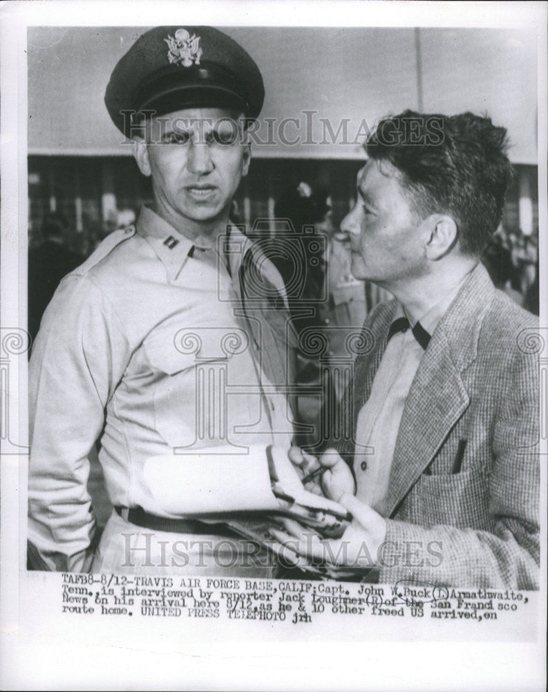 1955 Press Photo Capt John Buck Interviewed By Reporter Jack Loughner - Historic Images