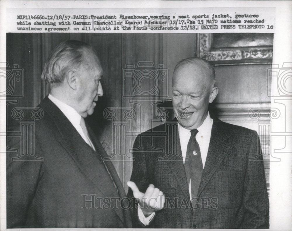 1957 Press Photo President Eisenhower with German Chancellor Konrad Adenauer - Historic Images