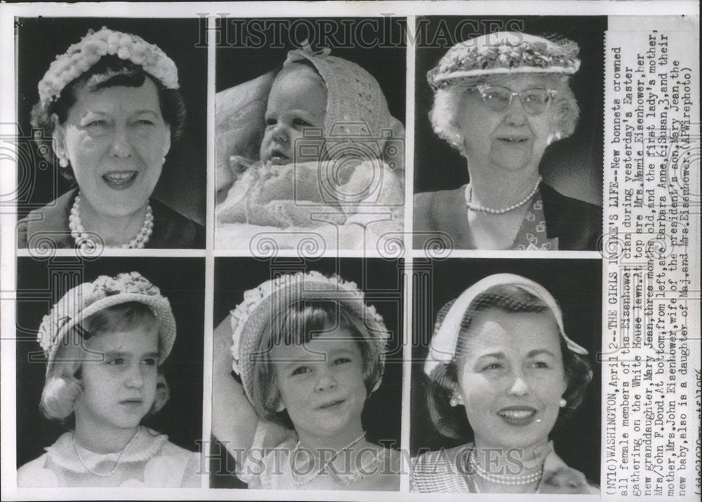 1956 Press Photo Bonnets crowned Eisenhower White house Barbara Anne Susan Jean - Historic Images