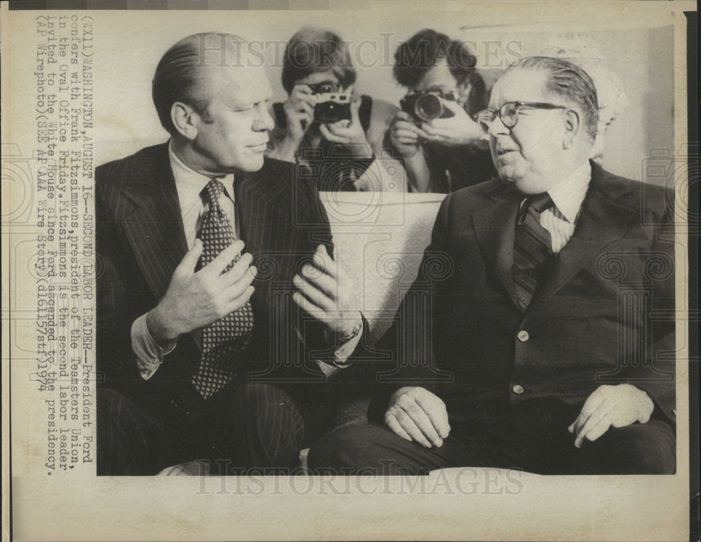 1974 Press Photo President Ford, Frank Fitzsimmons President Teamsters Union - Historic Images