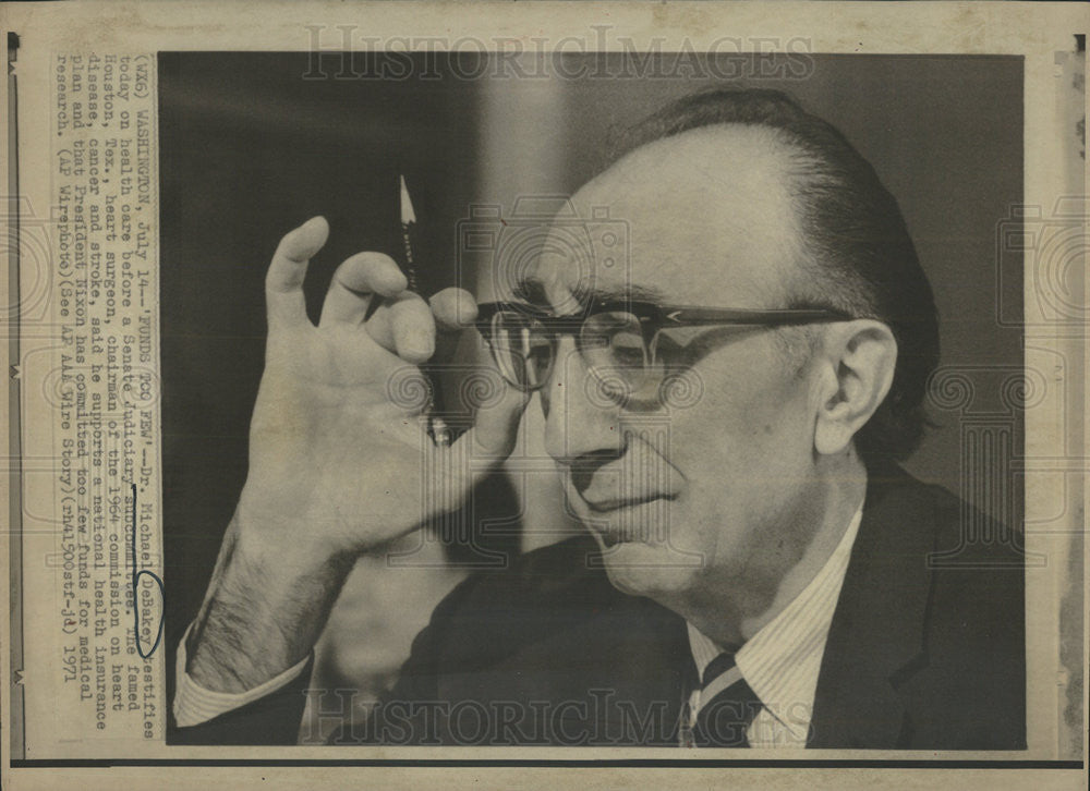 1971 Press Photo Dr Michael DeBakey Senate Judiciary Subcommittee President - Historic Images