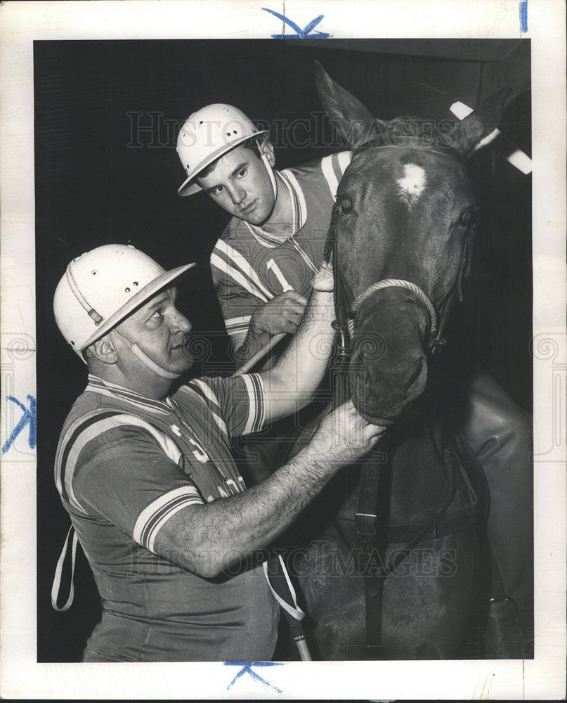 1956 Press Photo Jerry Fordon and son Rome checks equipment before polo martch - Historic Images