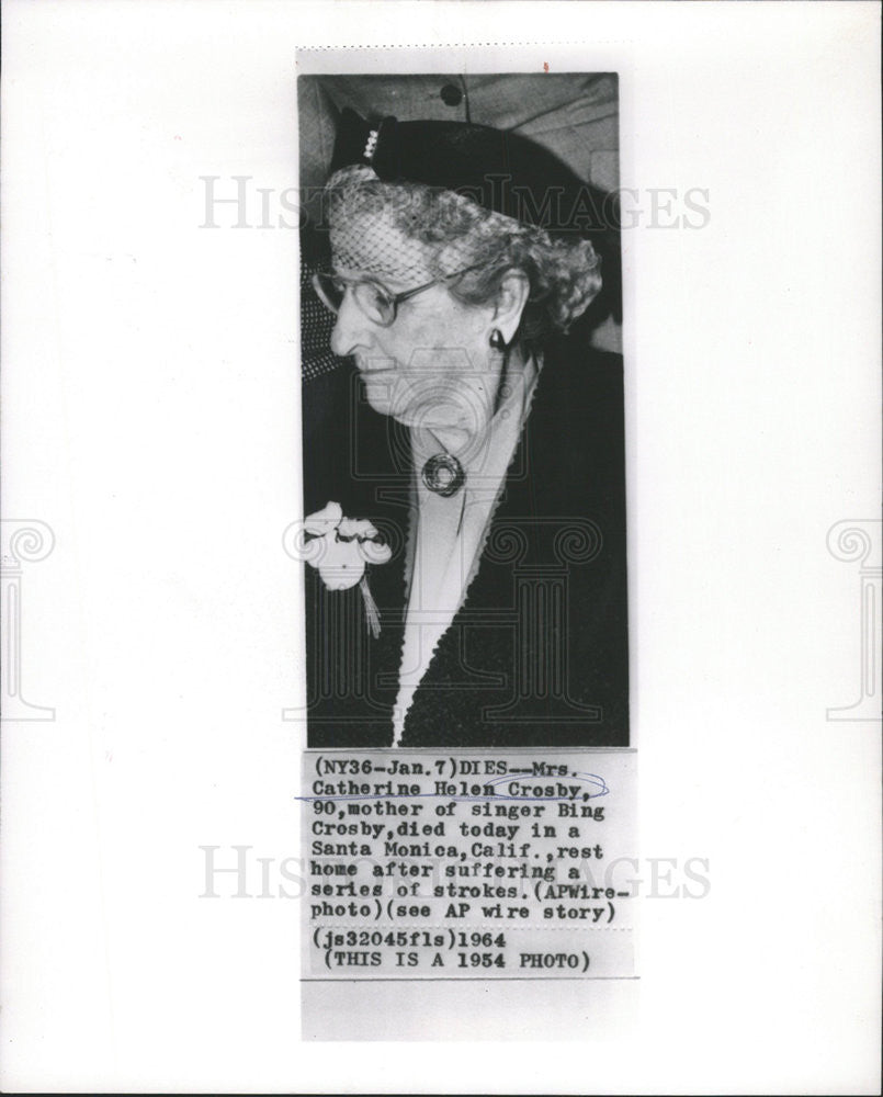 1954 Press Photo Mrs. Catherine Helen Crosby, Mother of Bing Crosby, Dies - Historic Images