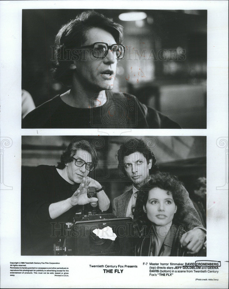 1986 Press Photo David Cronenberg, Jeff Goldblum, and Geena Davis Actor Actress - Historic Images