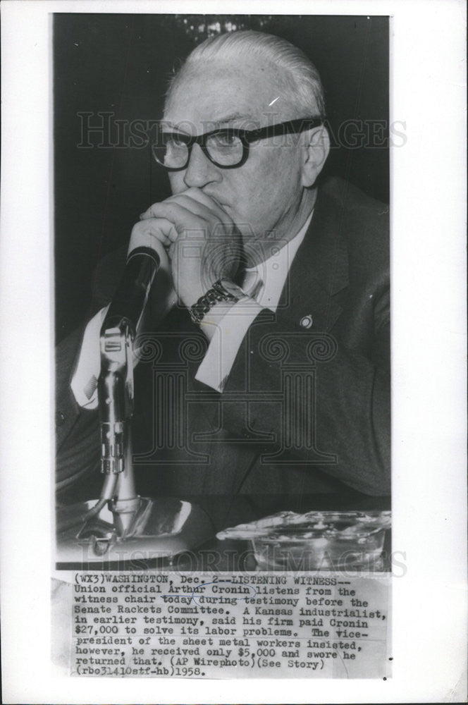 1958 Press Photo Union Official Arthur Cronin Testimony Senate Rackets Committee - Historic Images