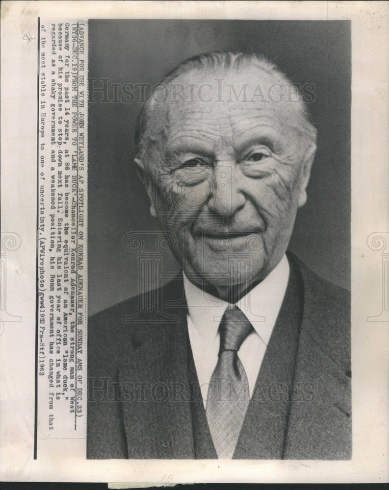 1962 Press Photo Chanceller Konrad Adenauer, the strong man of West Germany - Historic Images