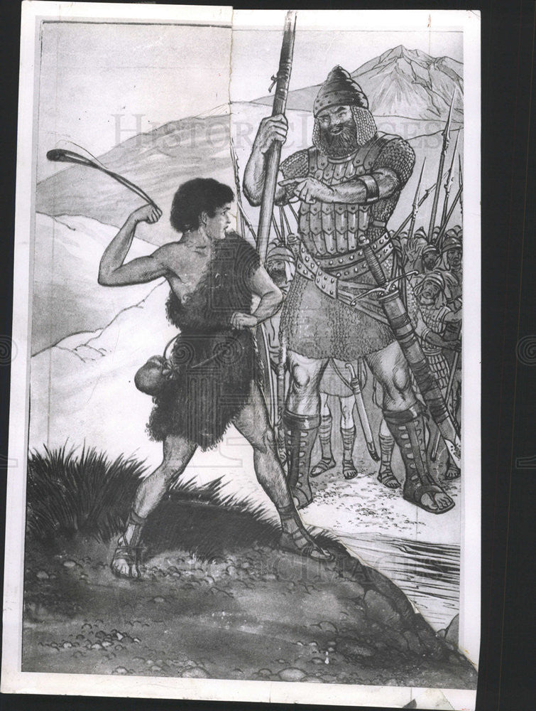 1956 Press Photo Drawing David Versus Goliath Historic Images 1956-press-photo-drawing-david-versus-goliath-historic-images