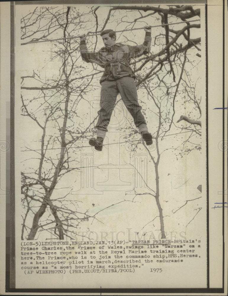 1975 Press Photo Britain&#39;s Prince Charles swings like &quot;Tarzan&quot; - Historic Images