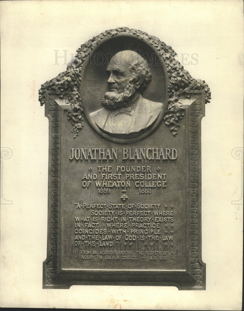 1931 Press Photo Plaque Of Wheaton College First President Jon Blanchard - Historic Images