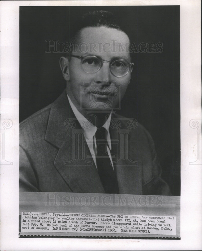 1960 Press Photo clothing wealthy industrialist Adolph Coors III found FBI - Historic Images