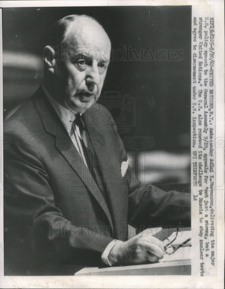 1962 Press Photo Ambassador Adlai E. Stevenson United Nations U.S. Policy Russia - Historic Images