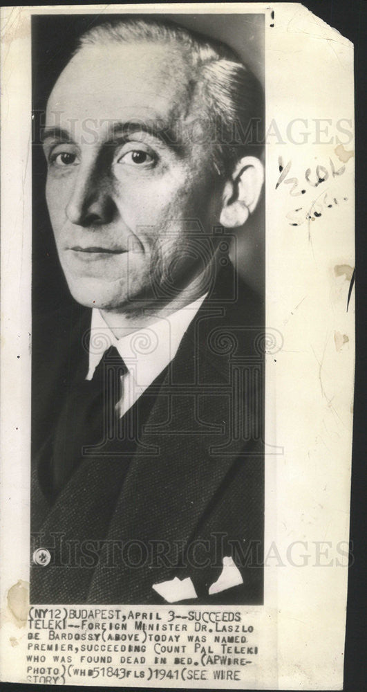 1941 Press Photo LÃƒÆ’Ã†â€™Ãƒâ€šÃ‚Â¡szlÃƒÆ’Ã†â€™Ãƒâ€šÃ‚Â³ BÃƒÆ’Ã†â€™Ãƒâ€šÃ‚Â¡rdossy Foreign Minister Hungary America Diplomat Buda - Historic Images