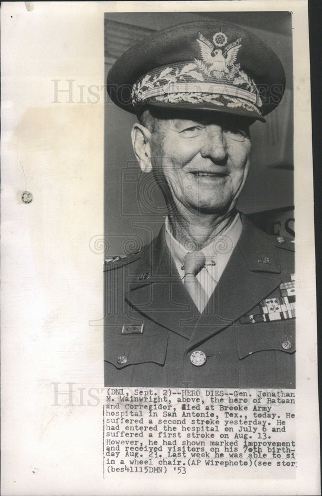 1953 Press Photo Gen Jonathan Wainwright Corregidor Bataan Brooke Army Hospital - Historic Images