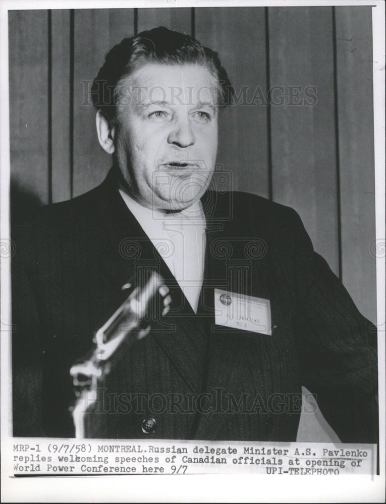 1958 Press Photo Russian delegate Minister Pavlenko Canadian Power Conference - Historic Images