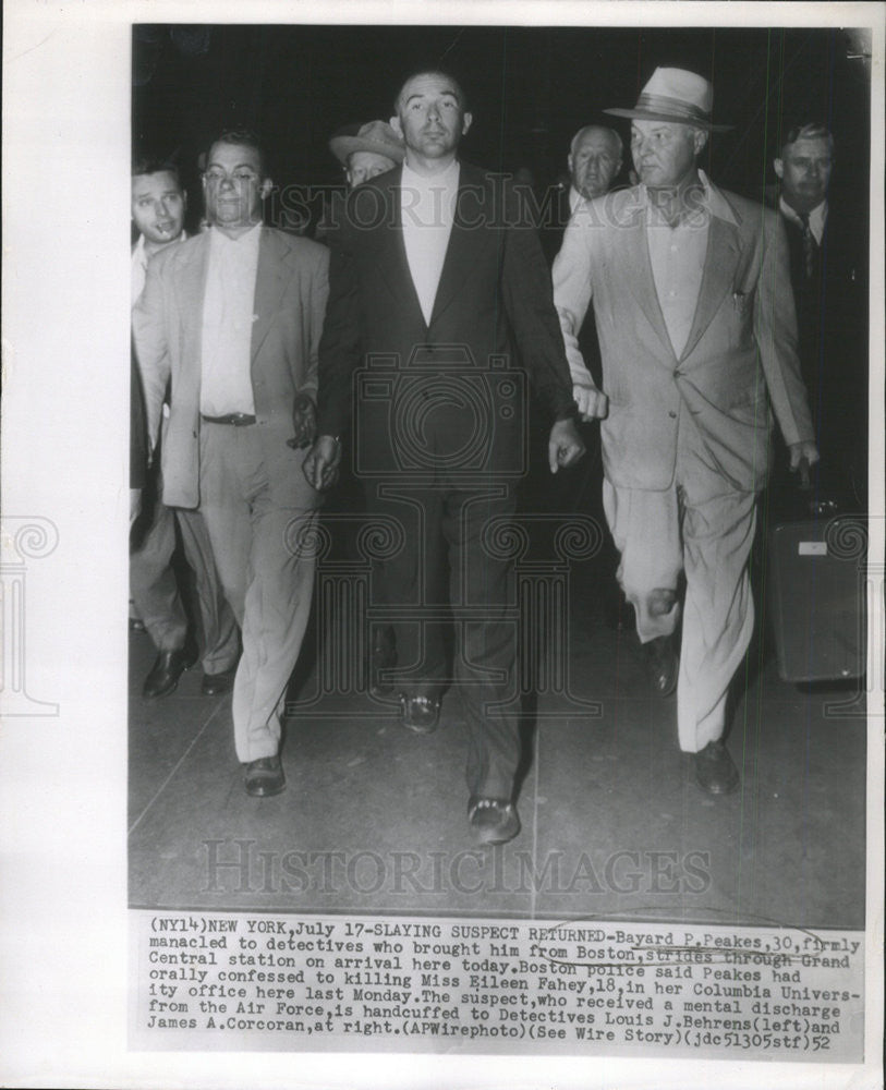 1952 Press Photo Bayard P Peakes Columbia University Murder Case Arrest Boston - Historic Images