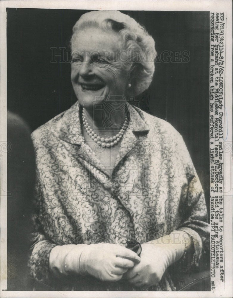 1962 Press Photo Mrs. Winston Churchill, Wife Former British Prime Minister - Historic Images