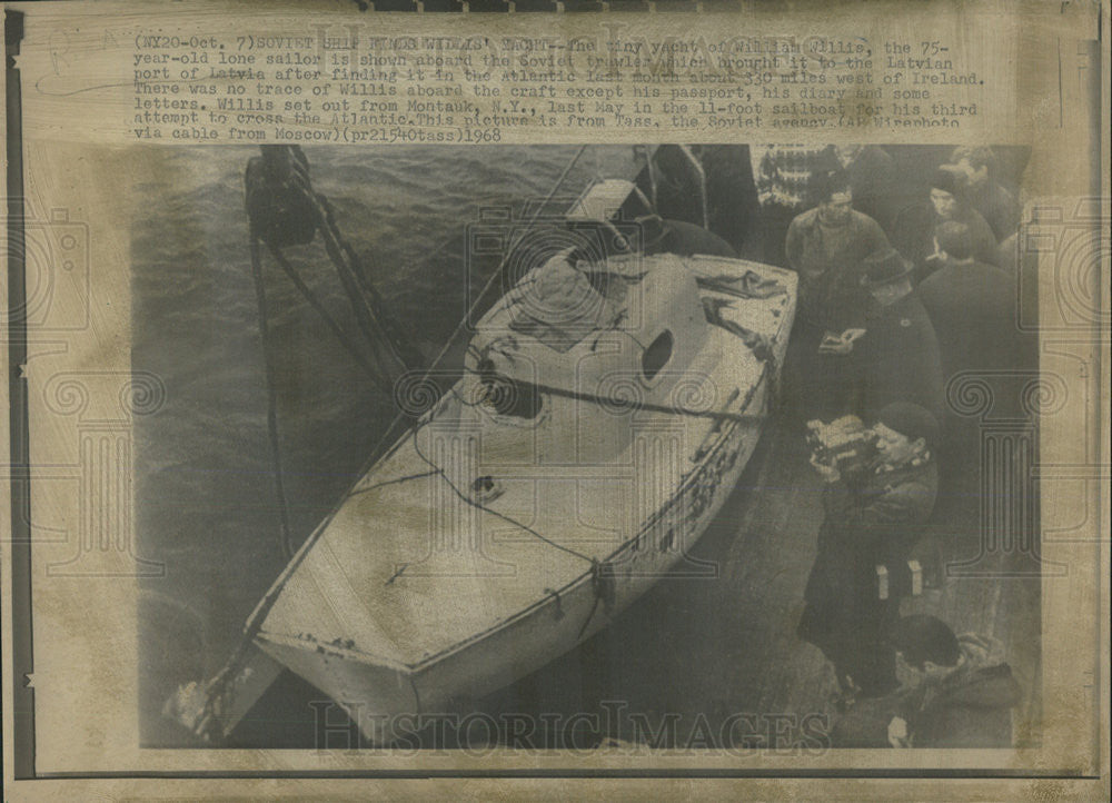 1968 Press Photo Lone Captain William Willis&#39; boat found by Russian Fisherman - Historic Images