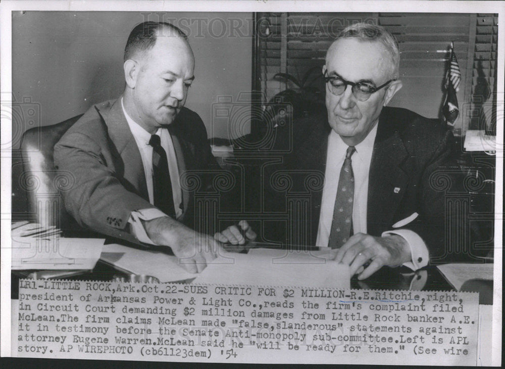 1954 Press Photo Pres Of Ark Pwr &amp; Lght Co Wants 2Mill 4 Slander From A.Z.McLean - Historic Images