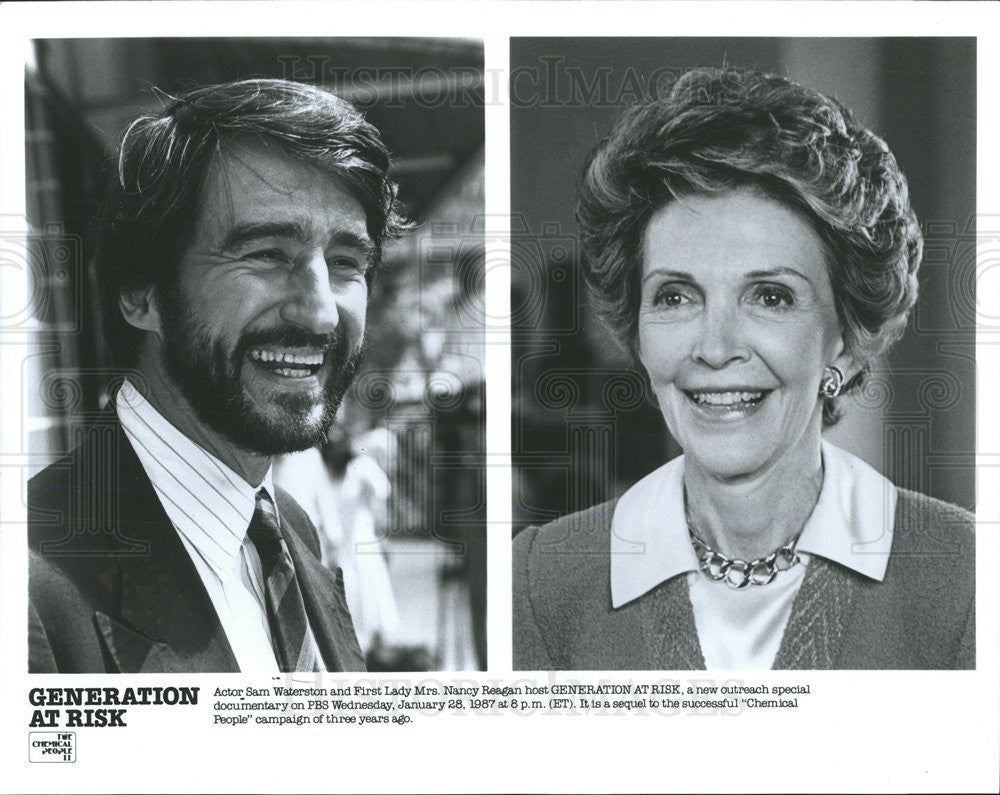 1987 Press Photo Actor Sam Waterson First Lady Nancy Reagan Generation Risk PBS - Historic Images