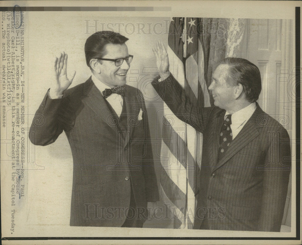 1975 Press Photo Representative Paul Simon Congress House Speaker Carl Albert - Historic Images