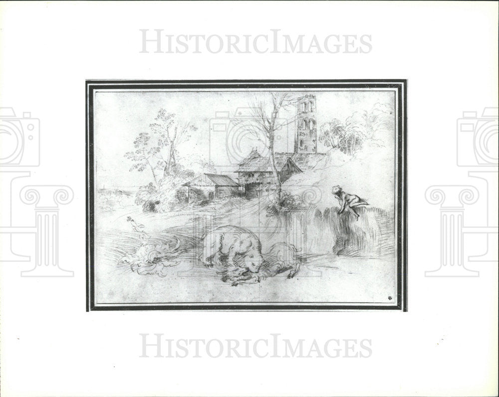 1988 Press Photo Landscape with Bear Attacking a Goat by Jean Antoine Watteau - Historic Images