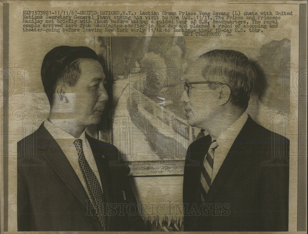 1967 Press Photo Laotian Prince Vong Savang General Thant UN Secretary General - Historic Images