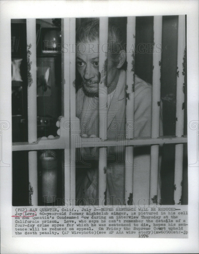 1976 Press Photo Jay Love, Convict & Former Nightclub Singer, In San Quentin - Historic Images