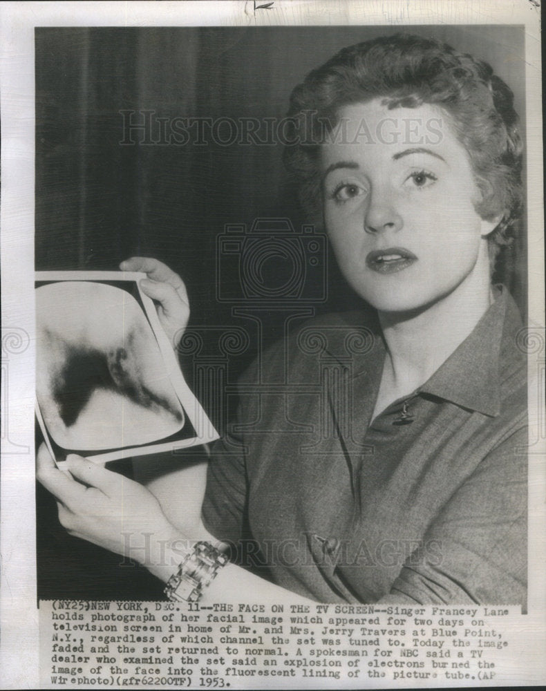 1954 Press Photo Singer Francey Lane Facial Image On Television Screen Two Days - Historic Images