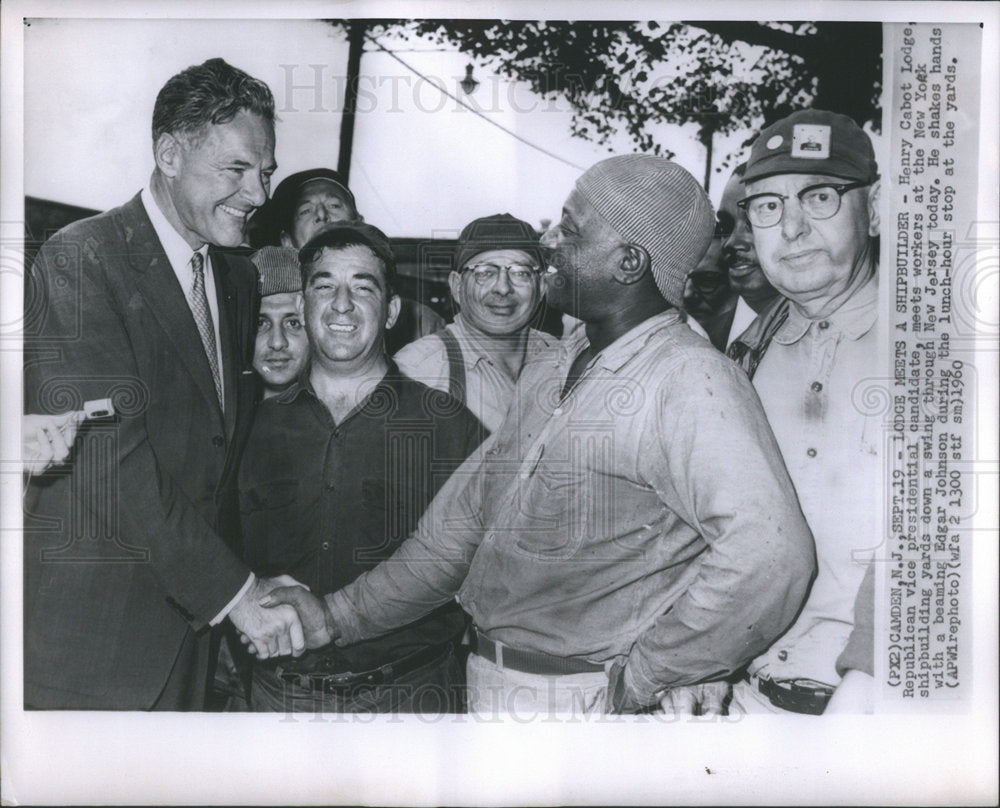 1960 Henry Cabot Lodge Shakes Hands W/ Jersey Shipbuilder - Historic Images