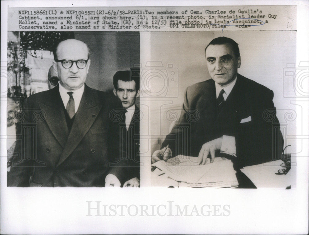 1958 Gen. Charles de Gaulle and Minister of State Louis Jacquinot-Historic Images