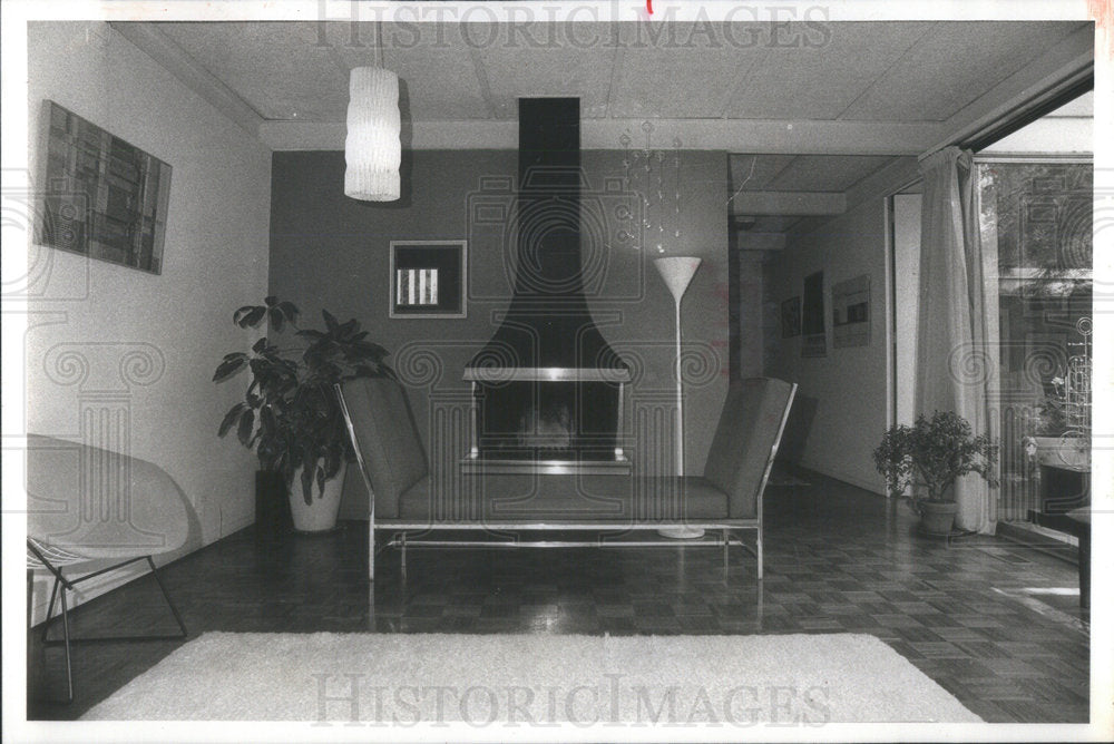 1977 Joel Hoke designed lounge that stands in front of the fireplace-Historic Images