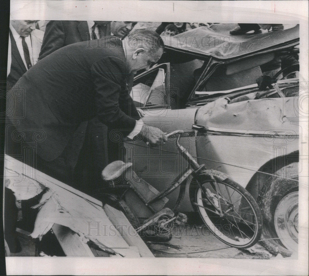 1965 President Johnson inspects damage child bicycle Tornado Travel-Historic Images