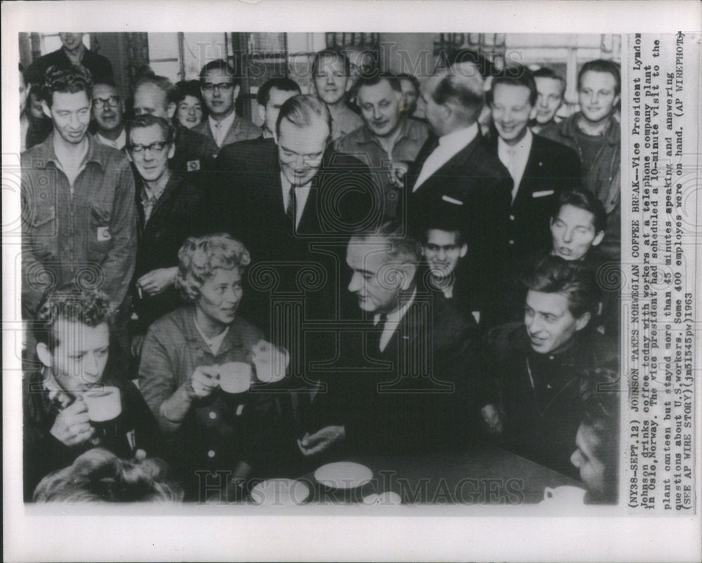 1953 VP Lyndon Johnson drinks coffee with workers at a telephone com-Historic Images