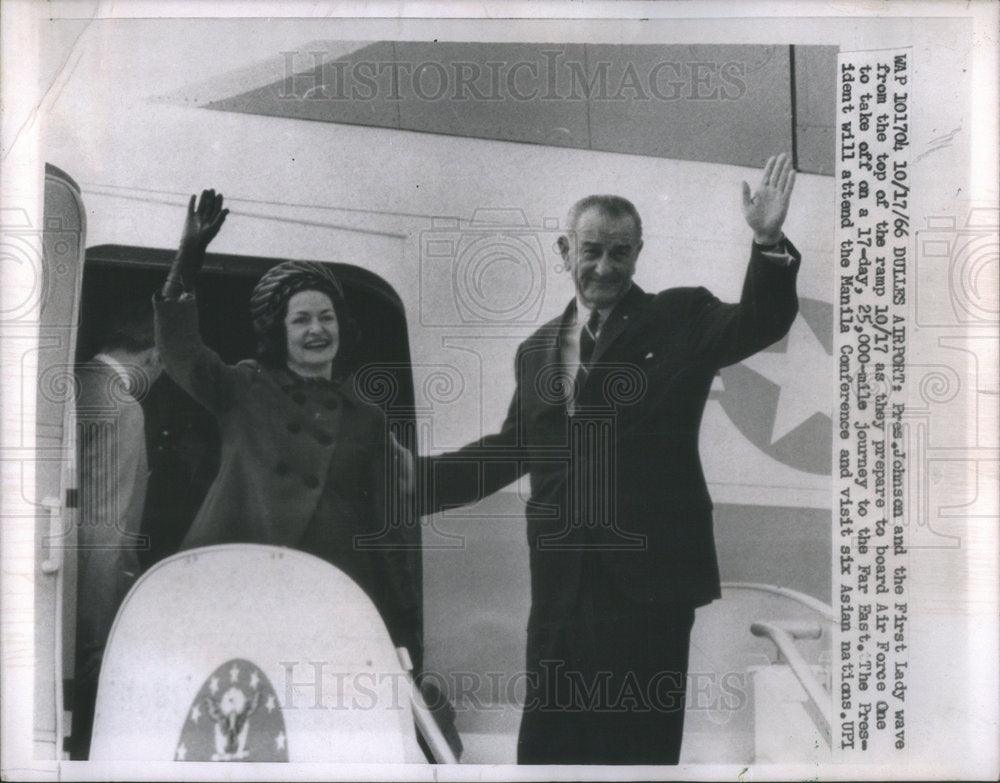 1966 President Lyndon Johnson and first lady waving before boarding-Historic Images