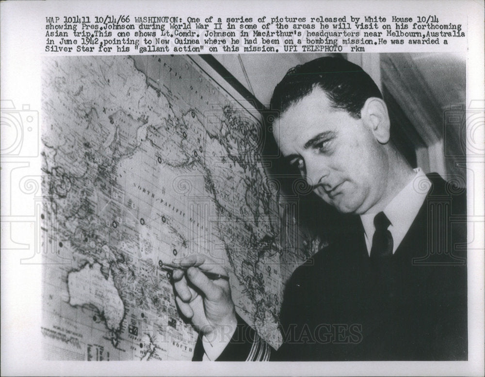 1966 President Lyndon during World War II pointing to New Guinea-Historic Images