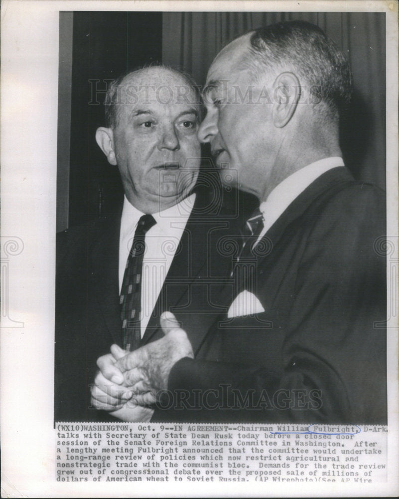 1963 Chairman William Fulbright talks with Dena Rusk, State Sec.-Historic Images