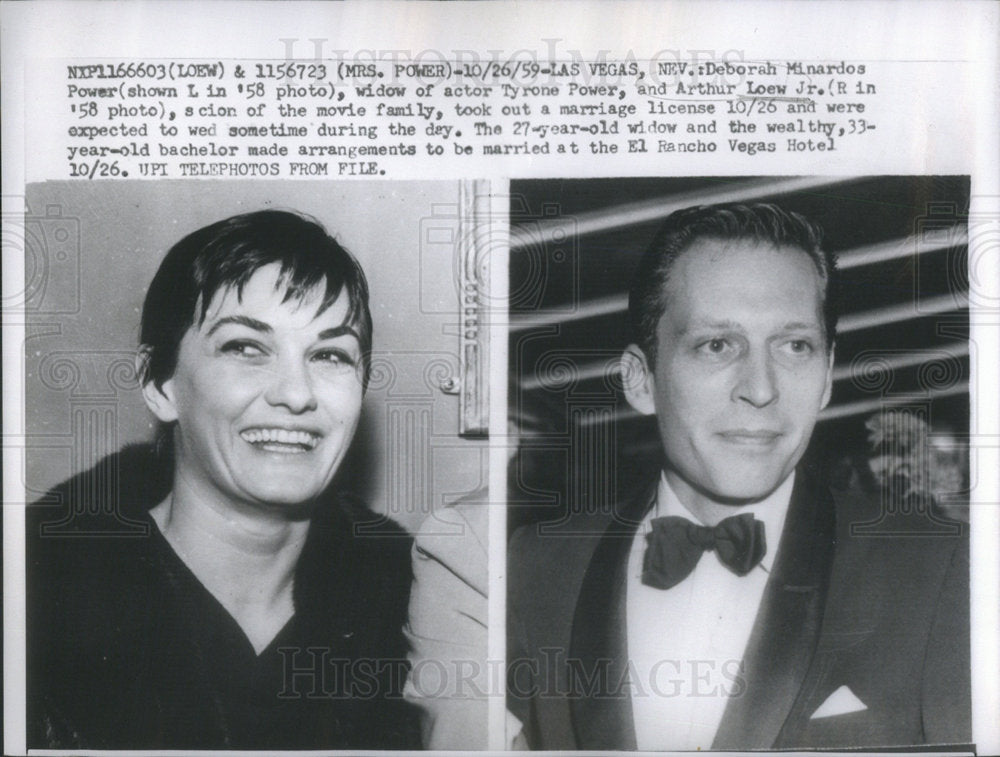 1959 Press Photo Deborah Minardos Power Widow Actor Tyrone Arthur Loew Scion - Historic Images