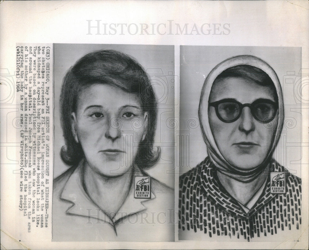 1964 Press Photo Two Sketches FBI Artist Impression Woman Kidnap Chicago Baby - Historic Images