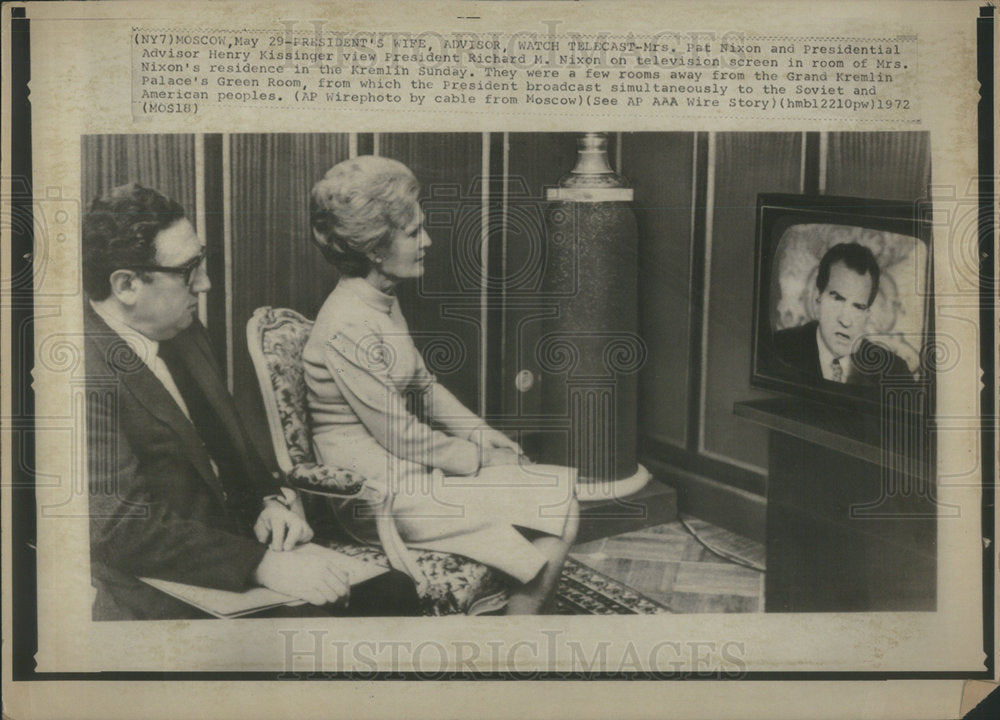 1972 Mrs.Pat Nixon & Henry Kissinger view Nixon's talk on TV.-Historic Images