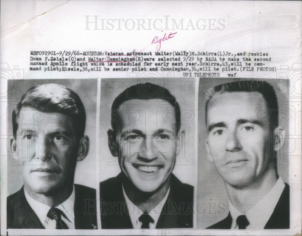 1966 Astronts Schirra, Esiele & Cunningham 2 Man Apollo's 2nd Flight - Historic Images