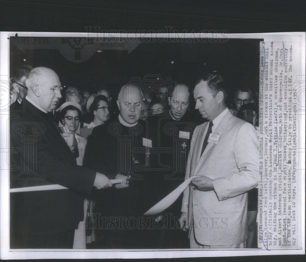 1957 Bishop Lilje cut ribbon officially opening assembly. - Historic Images