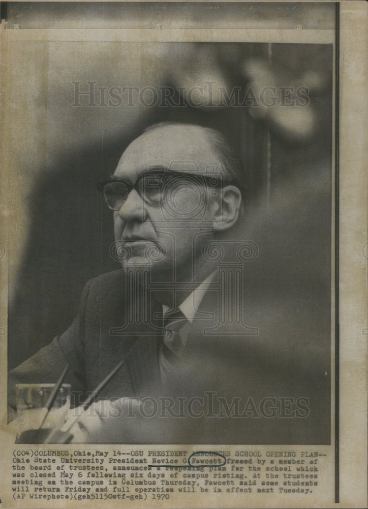 1970 Press Photo Novice Fawcett Ohio state University president announce school - Historic Images