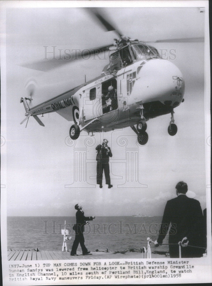 1958 British Defense Minister Duncan Sandys Lowered British Warship - Historic Images