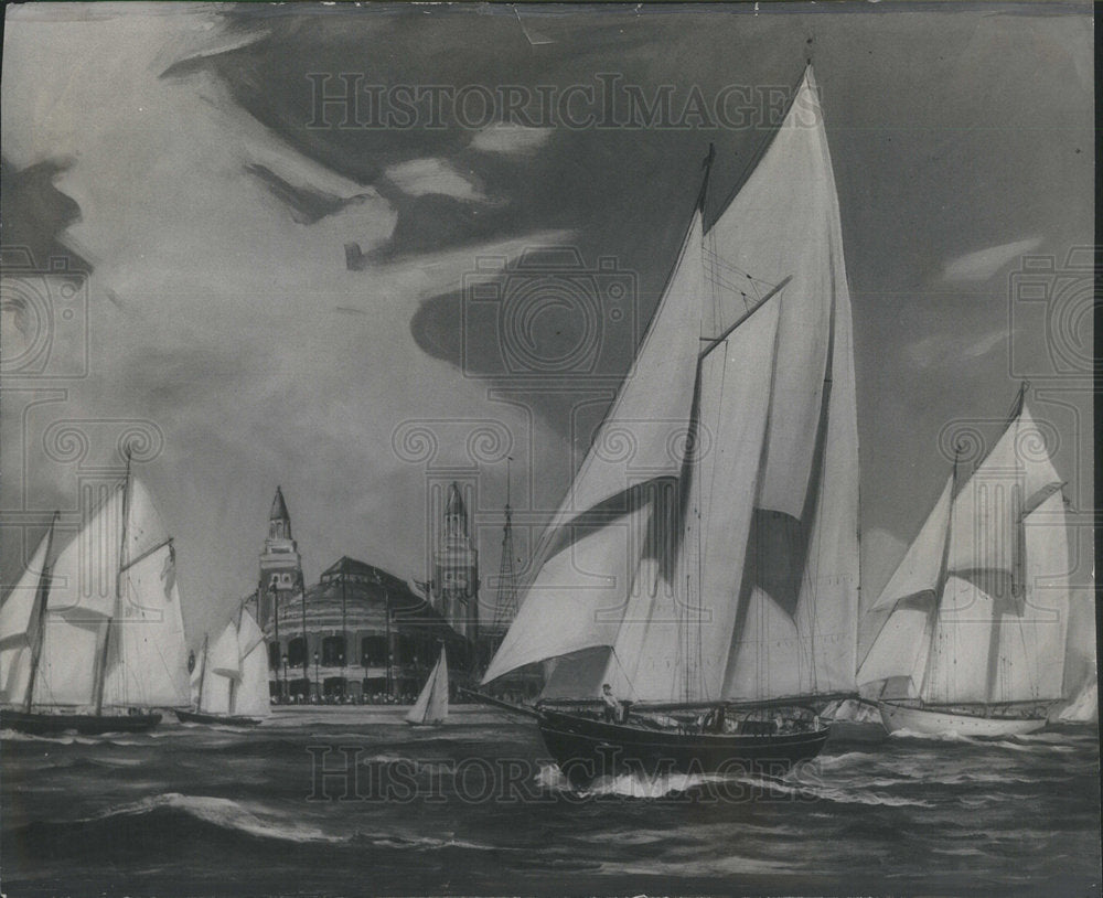 1935 A painting of large yachts off Navy Pier in Chicago. - Historic Images